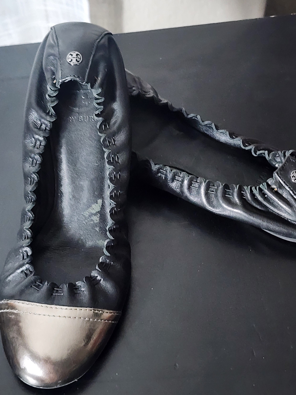 Tory Burch Black Leather Ballet Flats with Metallic Silver Toe Cap